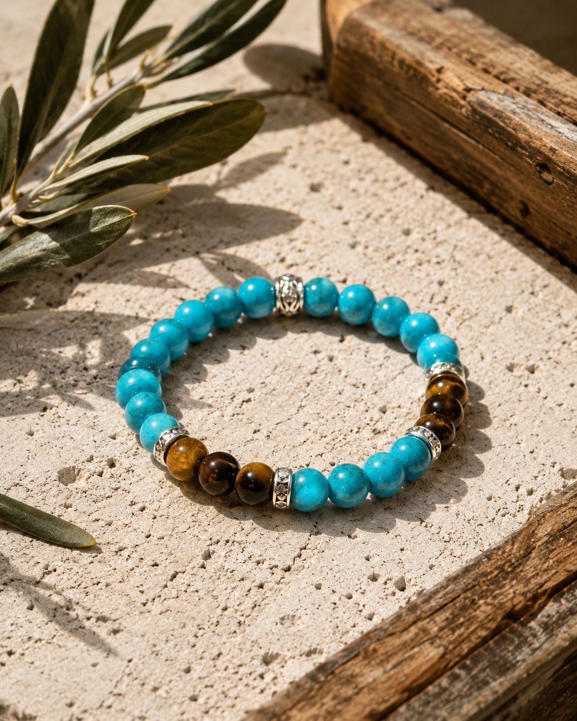 Blue Howlite and Tiger Eye Round Bead Bracelet 8mm - Balanced Emotions