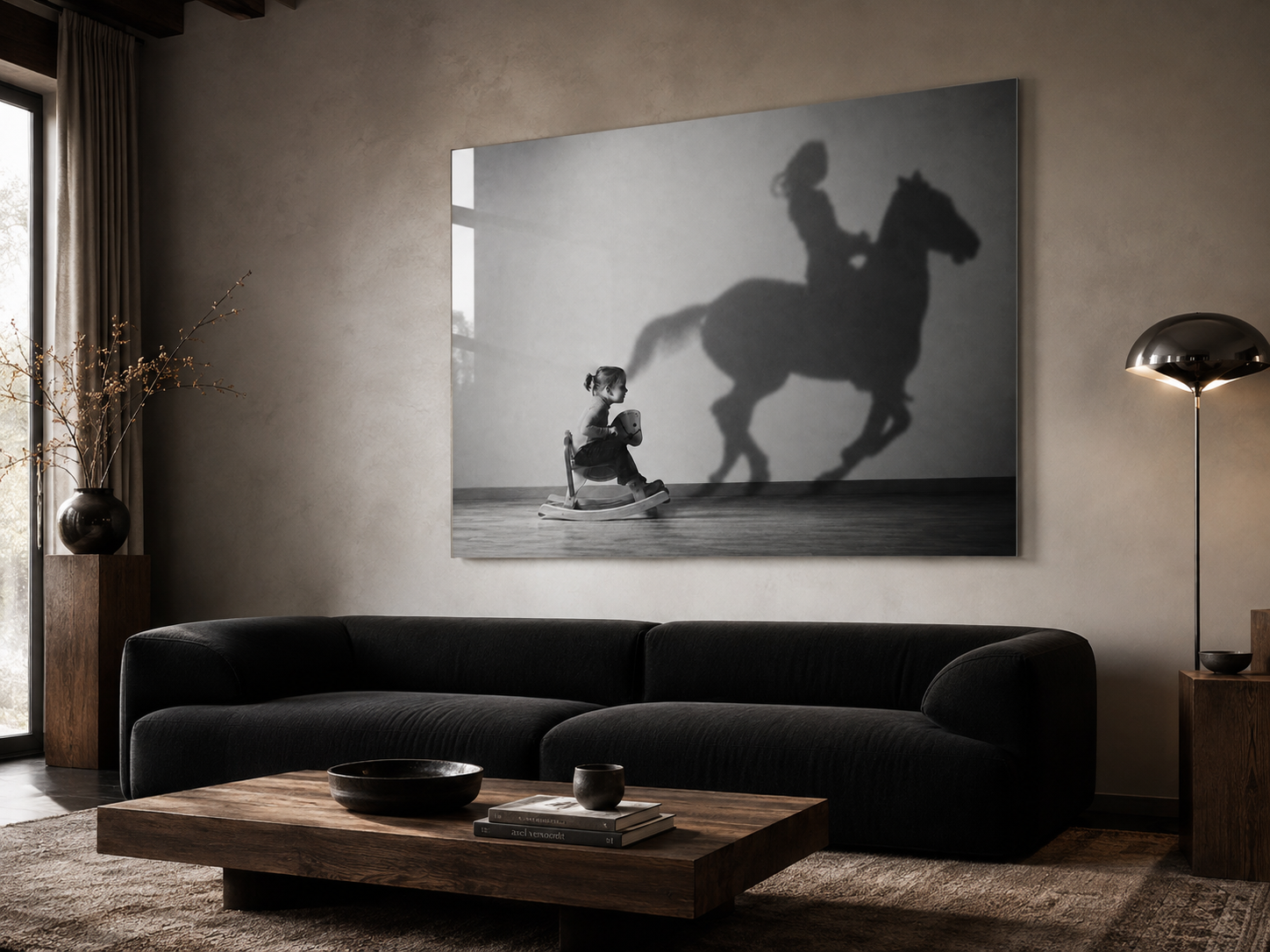 Horse Shadow Acrylic Wall Art, Black and White Childhood Photography, Imagination Print
