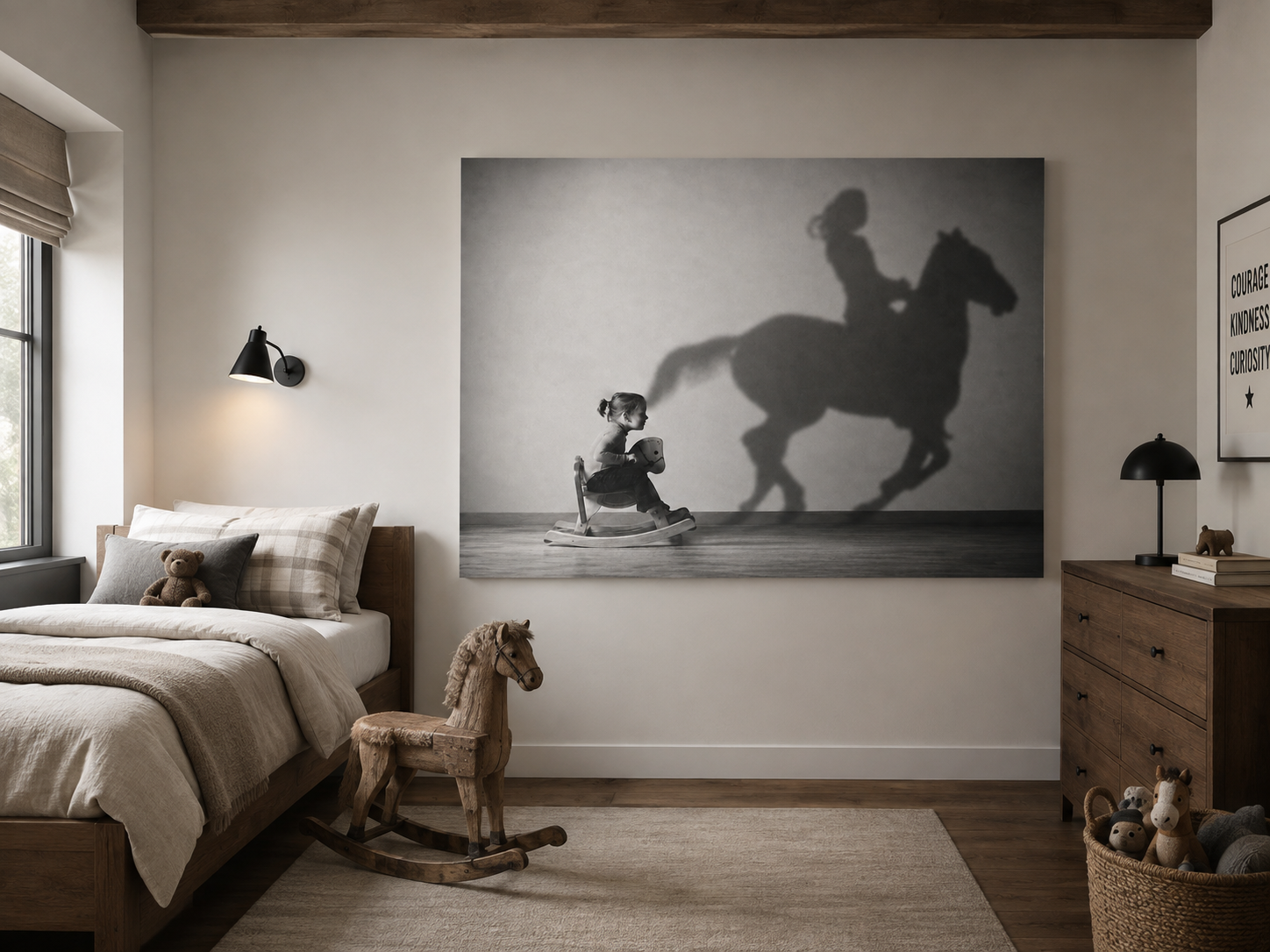 Horse Shadow Acrylic Wall Art, Black and White Childhood Photography, Imagination Print