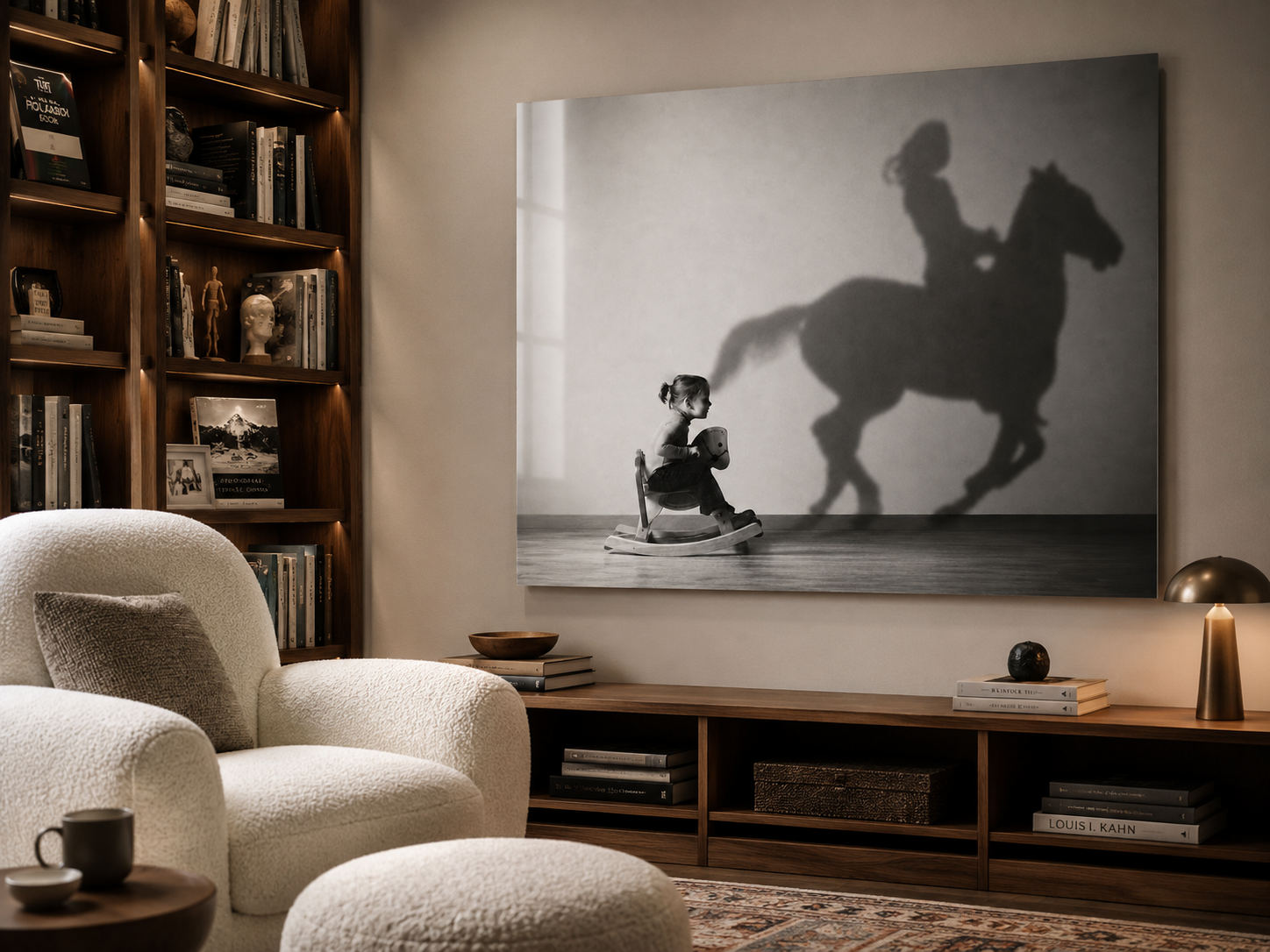 Horse Shadow Acrylic Wall Art, Black and White Childhood Photography, Imagination Print