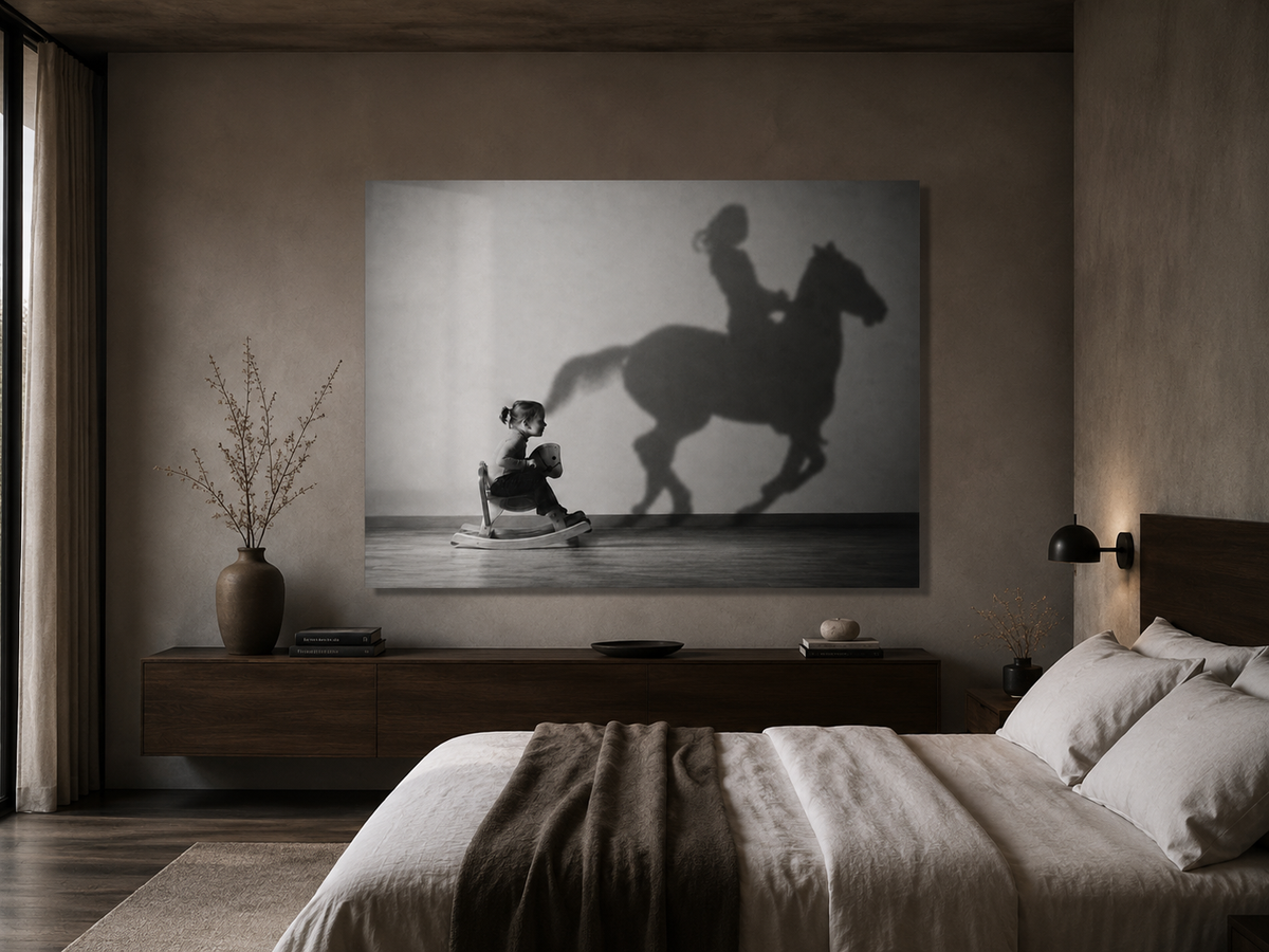 Horse Shadow Acrylic Wall Art, Black and White Childhood Photography, Imagination Print