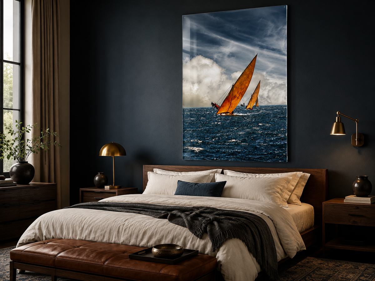 Sailboat Acrylic Wall Art, Dramatic Ocean Racing Photograph