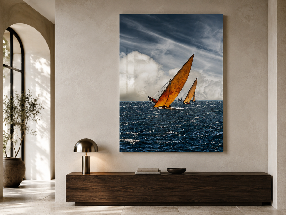 Sailboat Acrylic Wall Art, Dramatic Ocean Racing Photograph
