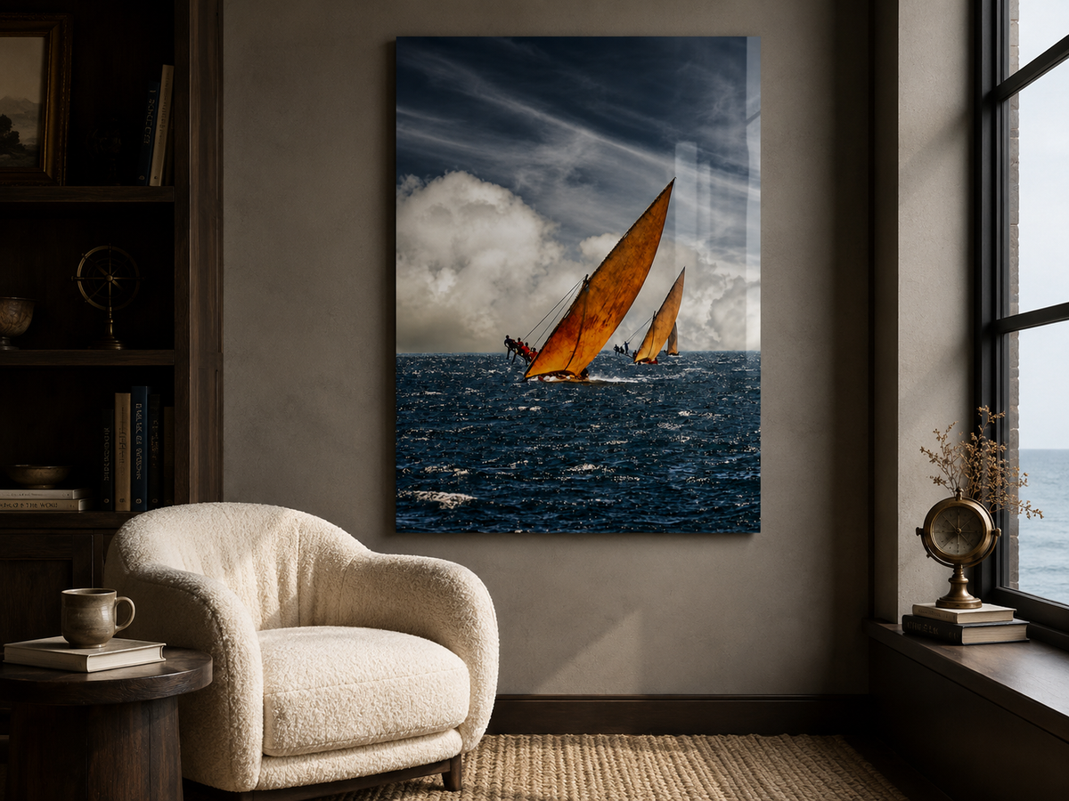 Sailboat Acrylic Wall Art, Dramatic Ocean Racing Photograph