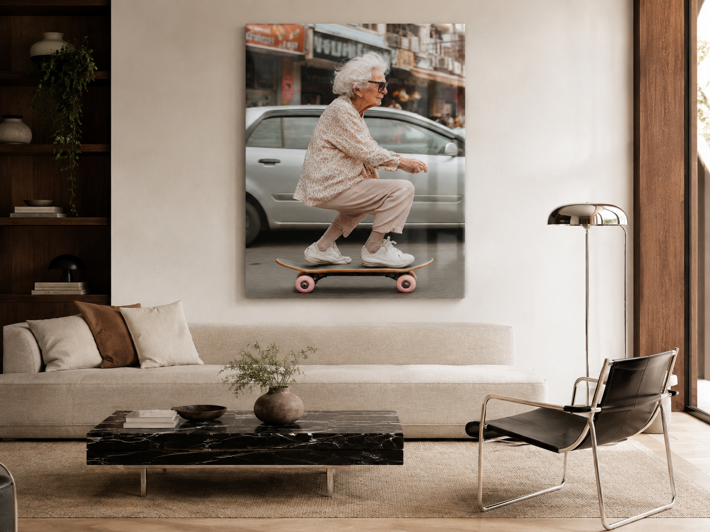 Funny Skateboard Wall Art, Elderly Woman Acrylic Photo Print