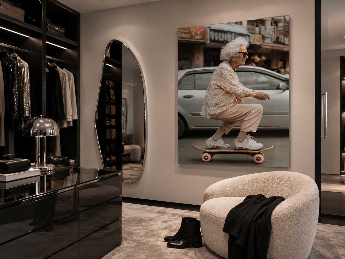 Funny Skateboard Wall Art, Elderly Woman Acrylic Photo Print