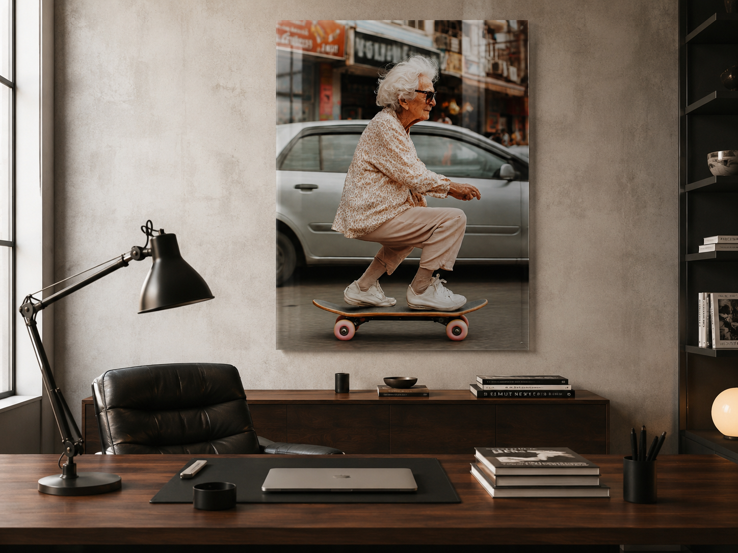 Funny Skateboard Wall Art, Elderly Woman Acrylic Photo Print