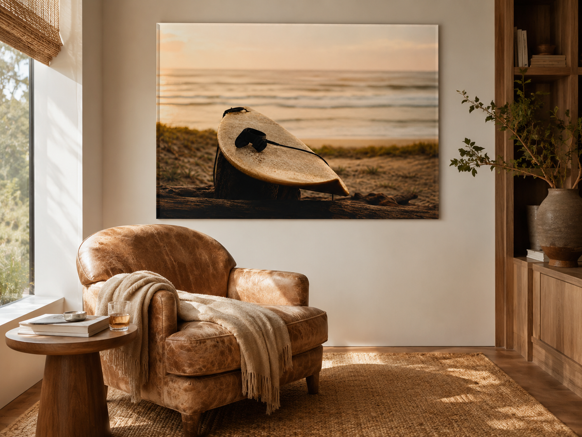 Surfboard Acrylic Wall Art, Coastal Beach Photography Print