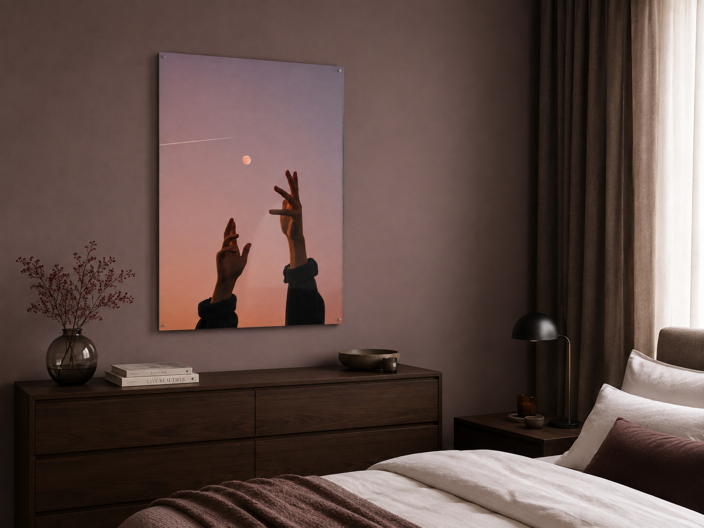Moon Wall Art, Surreal Hands Acrylic Print, Celestial Decor