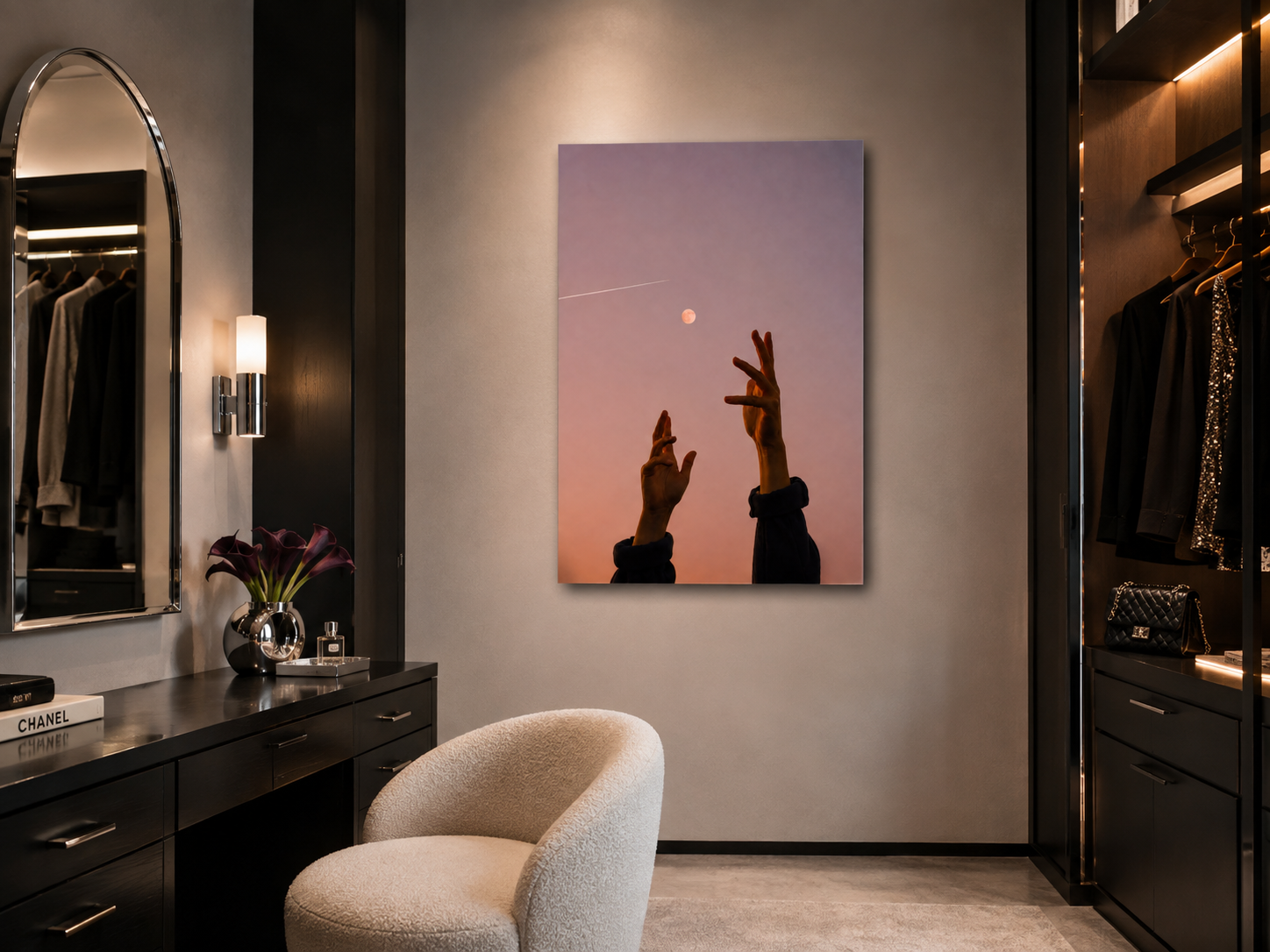 Moon Wall Art, Surreal Hands Acrylic Print, Celestial Decor