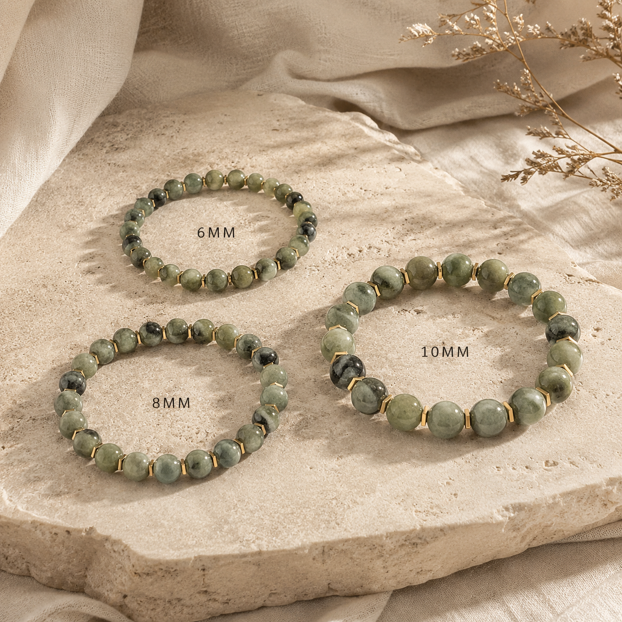 Jade with Gold Spacer Round Bead Bracelet 8mm - Serene Abundance