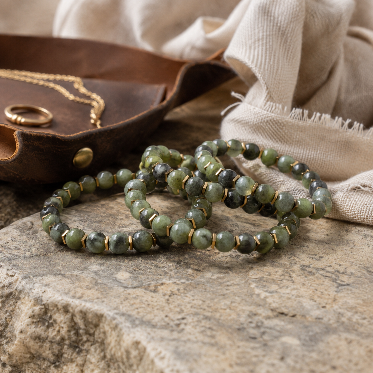 Jade with Gold Spacer Round Bead Bracelet 8mm - Serene Abundance