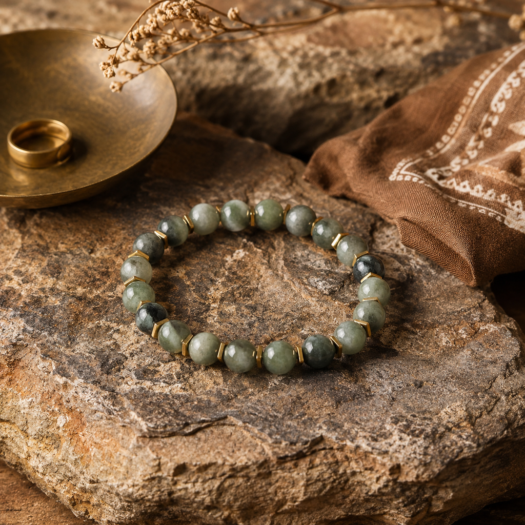 Jade with Gold Spacer Round Bead Bracelet 8mm - Serene Abundance