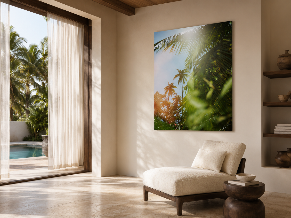 Tropical Palm Tree Acrylic Wall Art, Sunlit Botanical Photograph