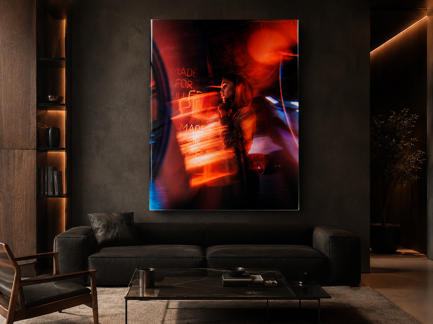 Neon Woman Acrylic Wall Art, Moody Urban Portrait Photograph