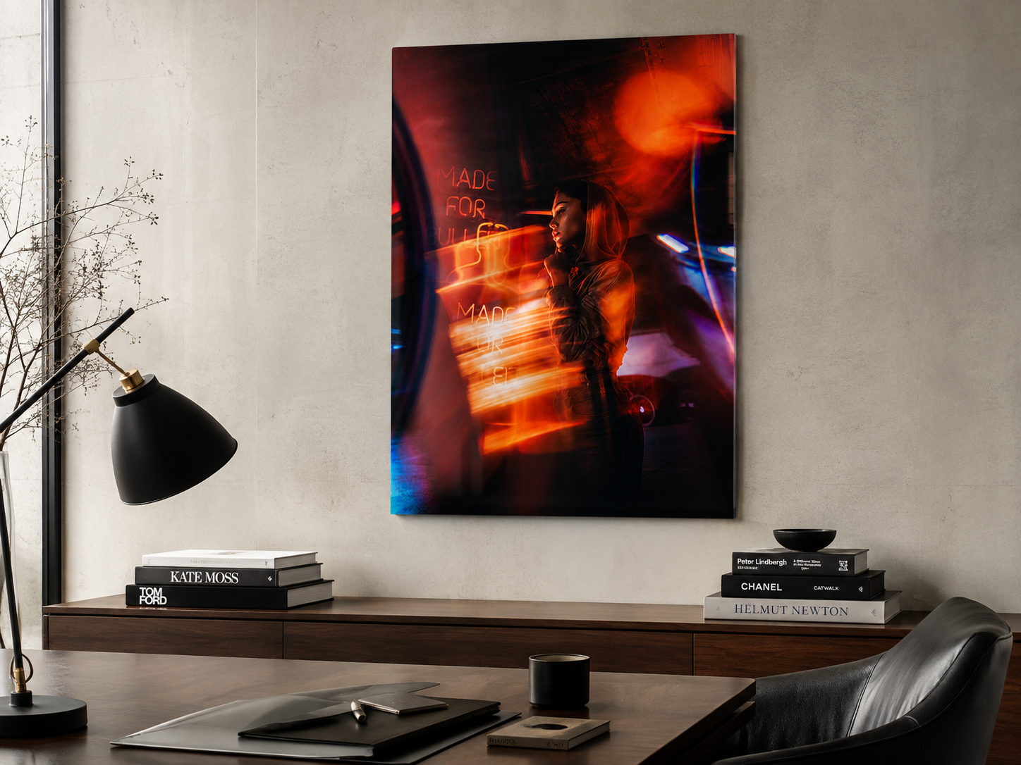 Neon Woman Acrylic Wall Art, Moody Urban Portrait Photograph
