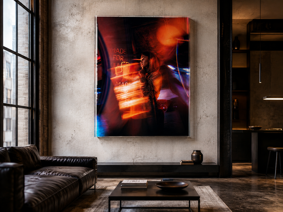 Neon Woman Acrylic Wall Art, Moody Urban Portrait Photograph
