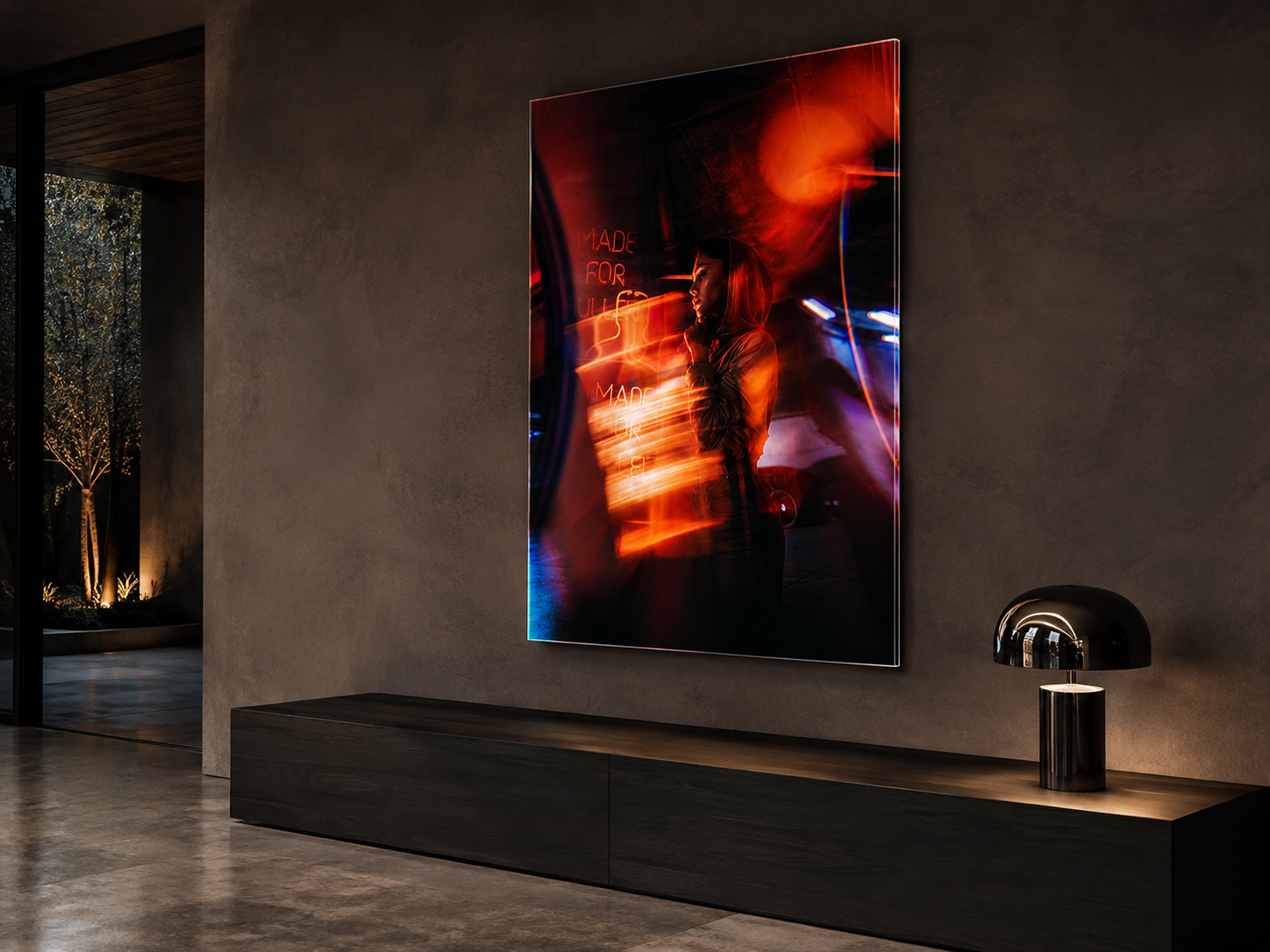 Neon Woman Acrylic Wall Art, Moody Urban Portrait Photograph