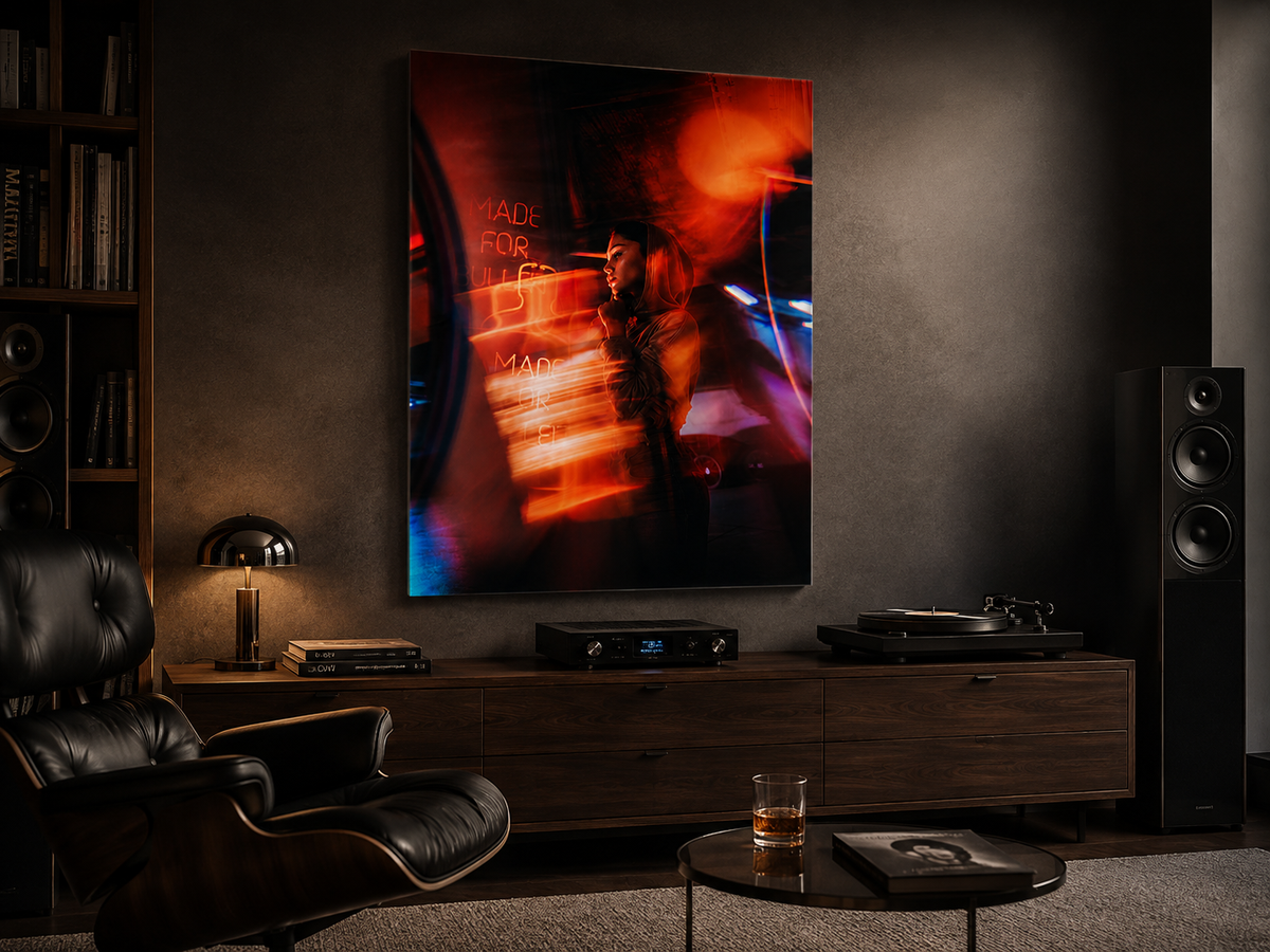Neon Woman Acrylic Wall Art, Moody Urban Portrait Photograph