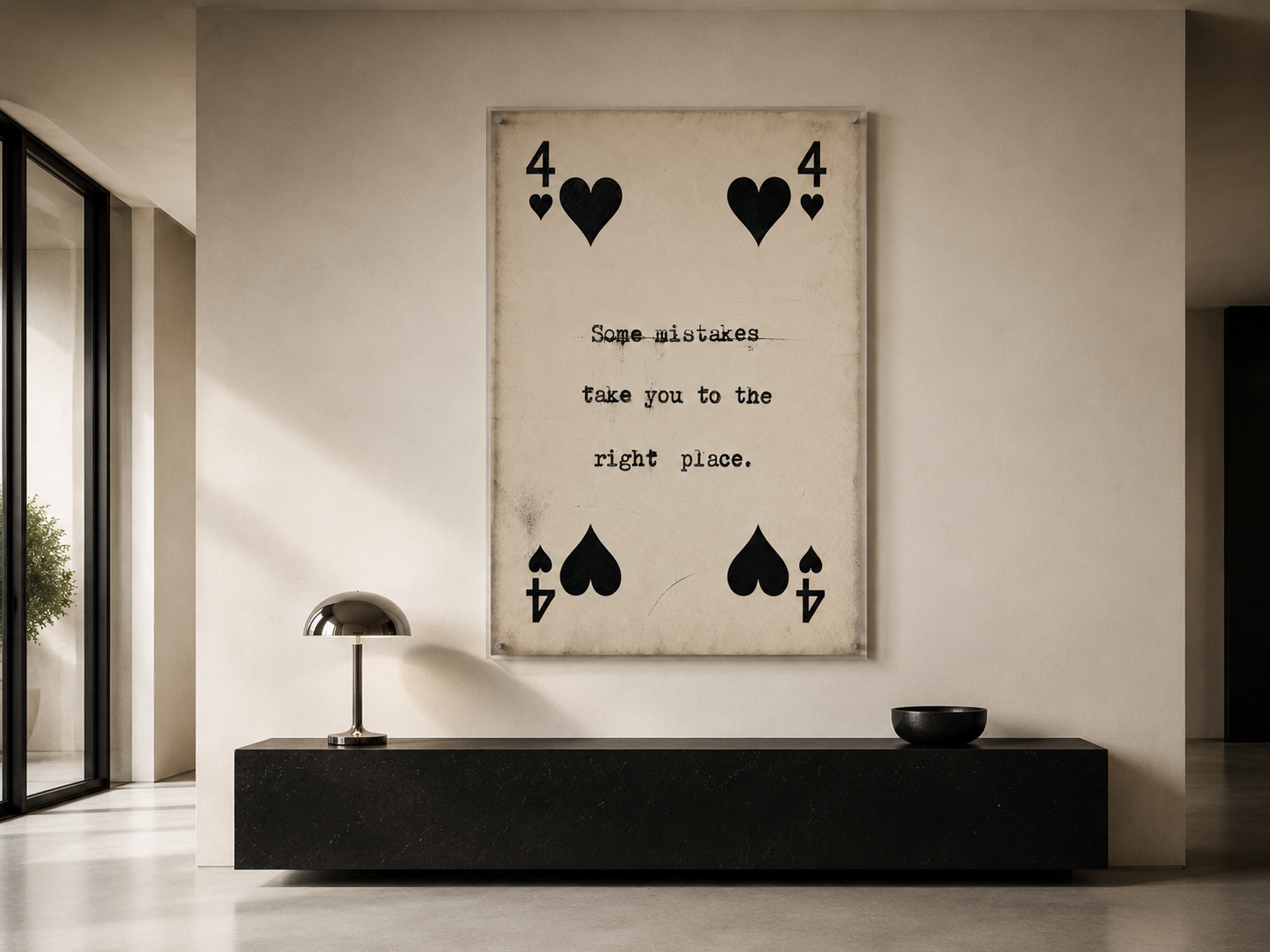 Four of Hearts Acrylic Print, Some Mistakes Take You to the Right Place Wall Art, Vintage Playing Card Decor