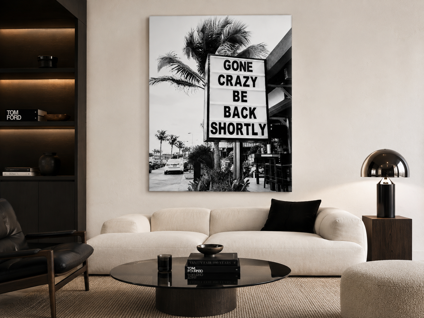 Gone Crazy Be Back Shortly Acrylic Print, Black and White Palm Tree Wall Art, Funny Tropical Sign Photograph
