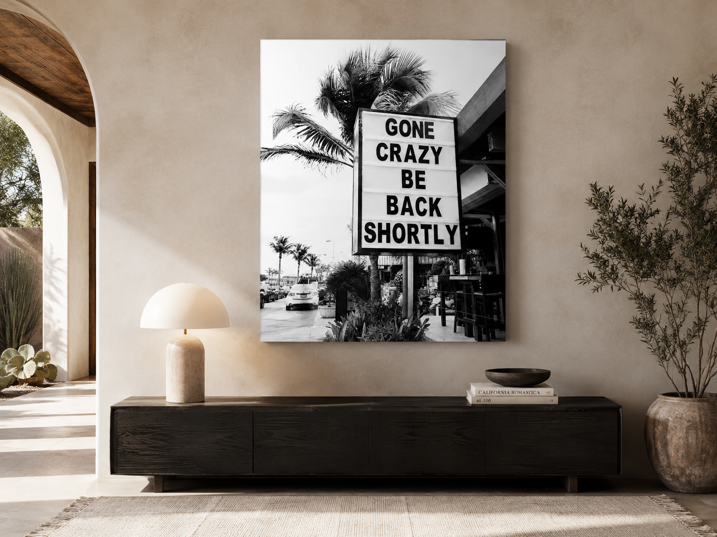 Gone Crazy Be Back Shortly Acrylic Print, Black and White Palm Tree Wall Art, Funny Tropical Sign Photograph