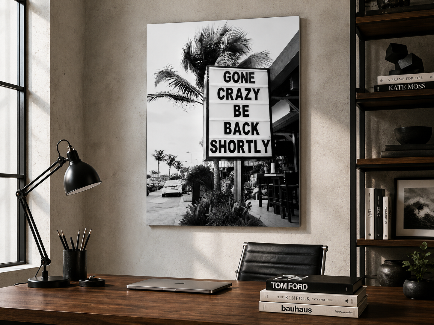 Gone Crazy Be Back Shortly Acrylic Print, Black and White Palm Tree Wall Art, Funny Tropical Sign Photograph