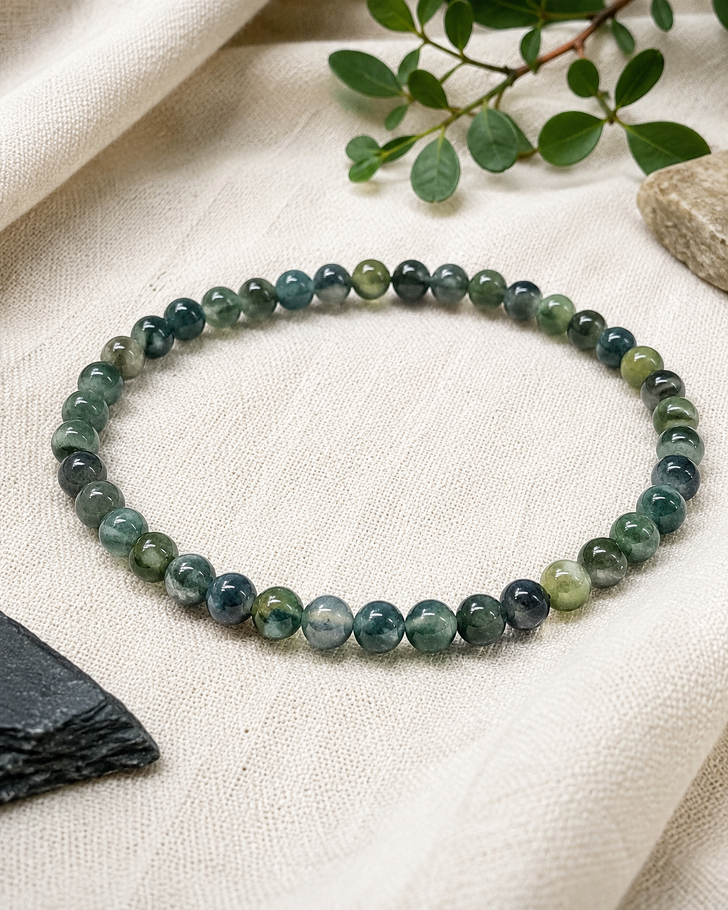 Moss Agate Round Bead Bracelet - Nature Renewal