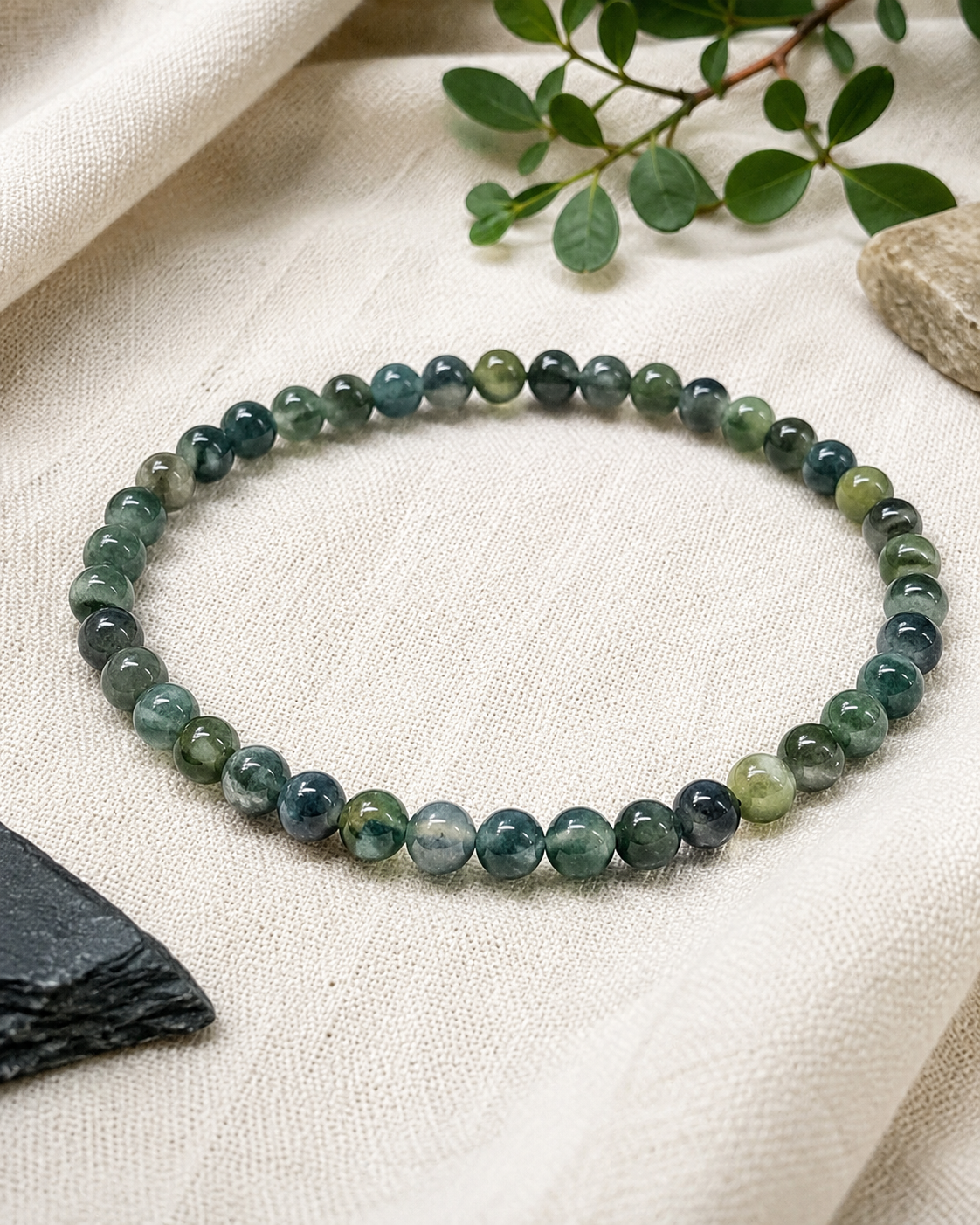 Moss Agate Round Bead Bracelet - Nature Renewal