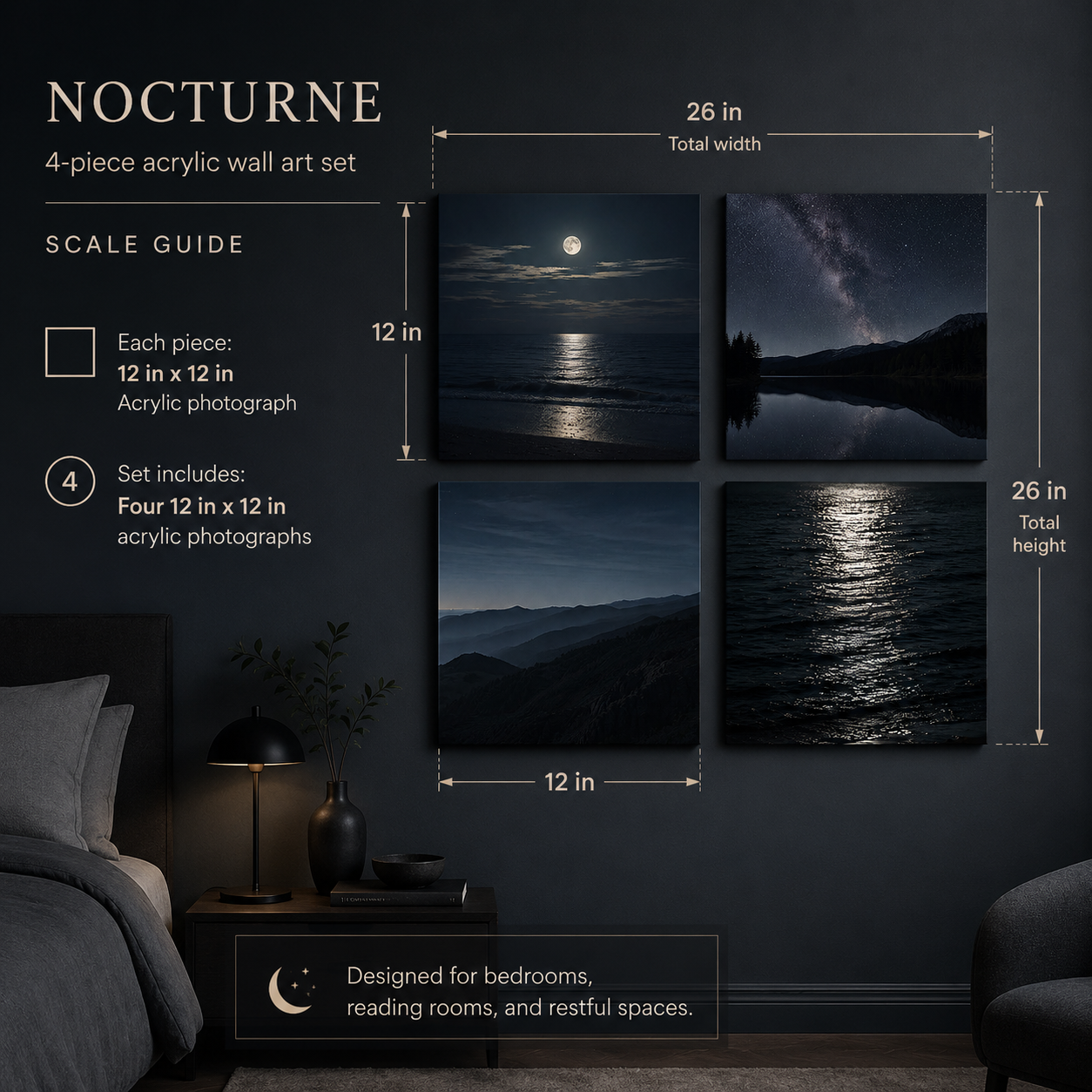 NOCTURNE — 4-Piece Acrylic Moonlight Wall Art Set