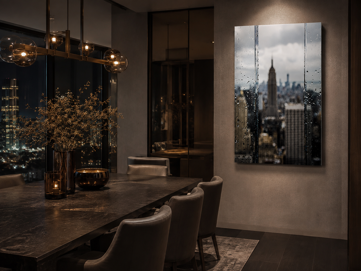 New York Acrylic Wall Art, Rainy NYC Skyline Photograph