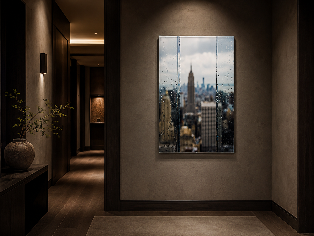 New York Acrylic Wall Art, Rainy NYC Skyline Photograph
