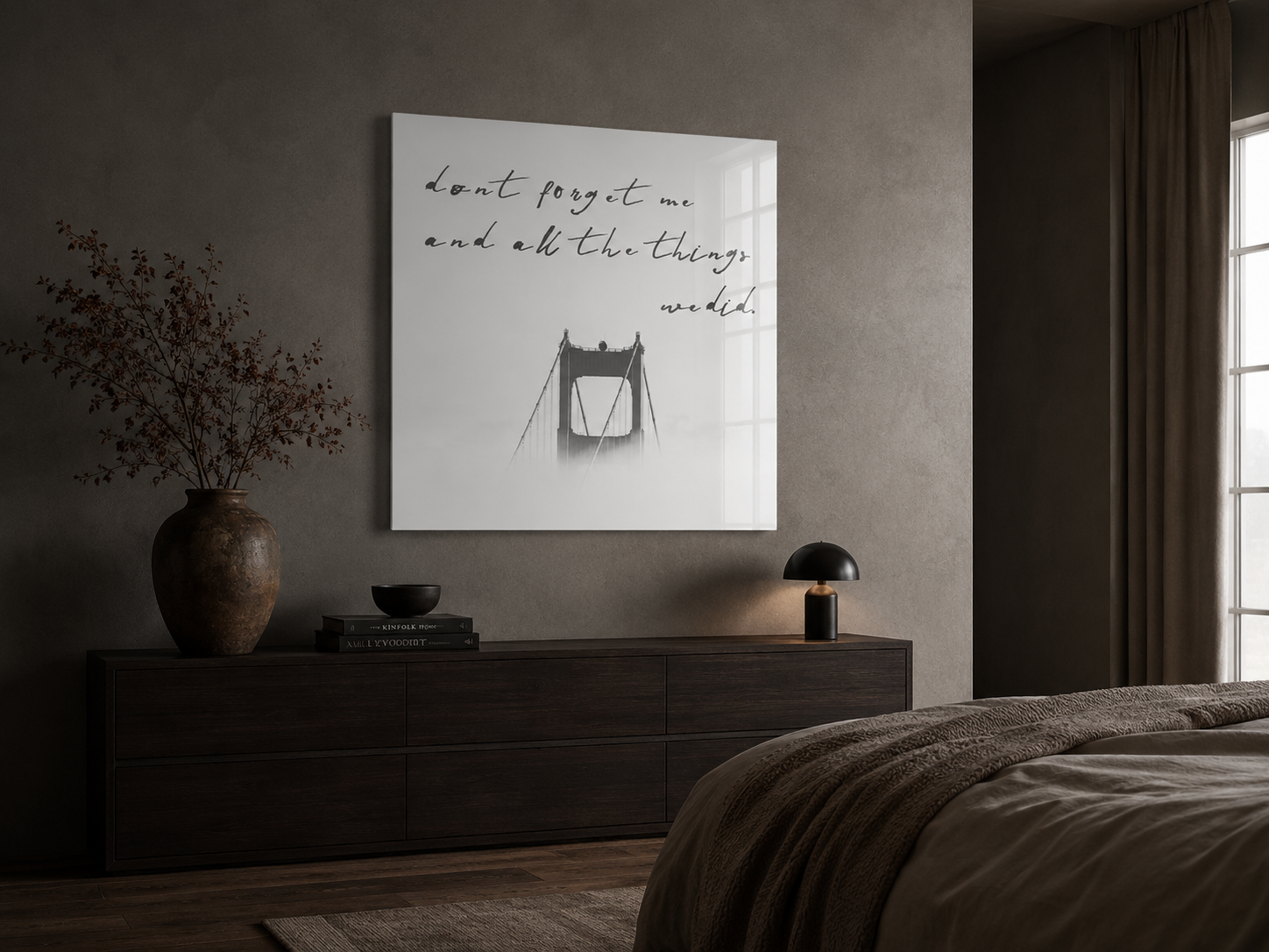 Black and White Acrylic Wall Art, Foggy Bridge Quote Print, Romantic Minimalist Decor