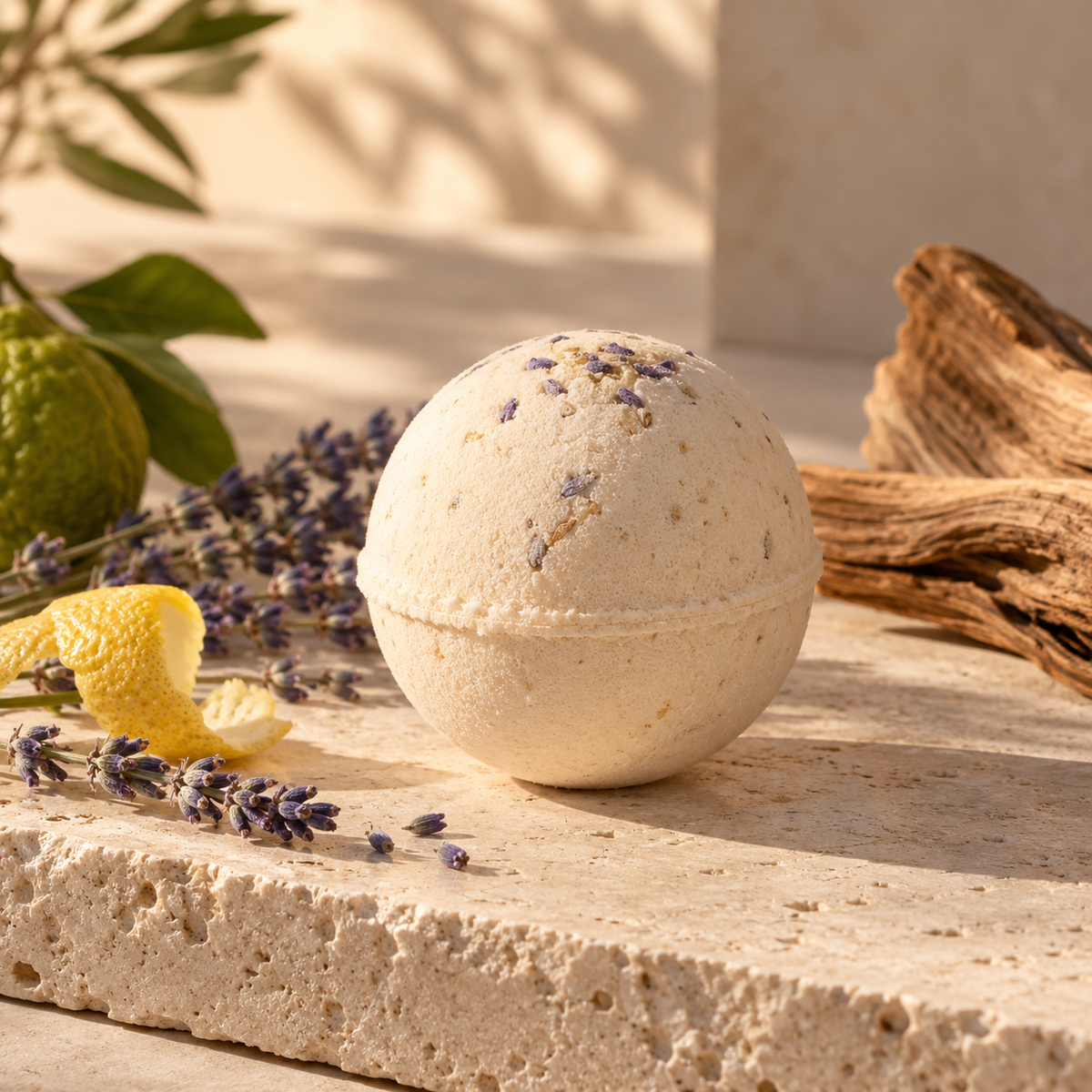 UNWIND bergamot and lavender bath bomb by Topanga Republic on natural limestone in warm afternoon light.