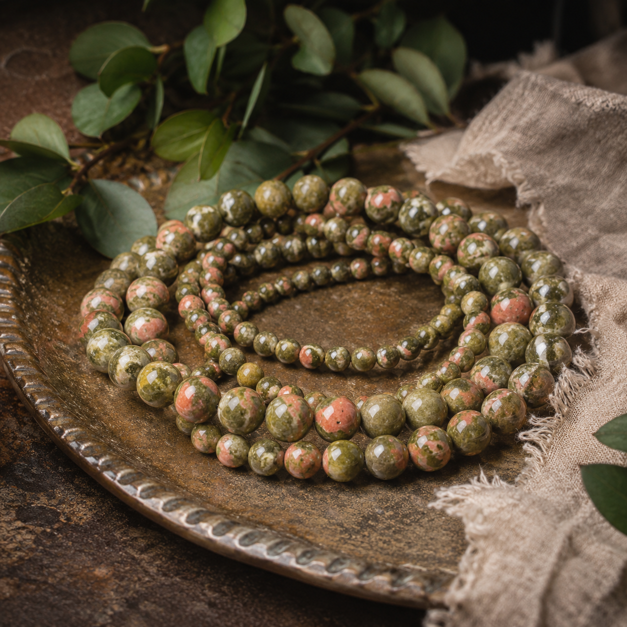 Unakite Round Bead Bracelet - Heart Guardian
