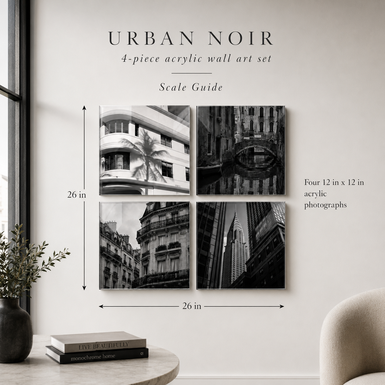 URBAN NOIR | 4-Piece Black & White City Acrylic Wall Art Set
