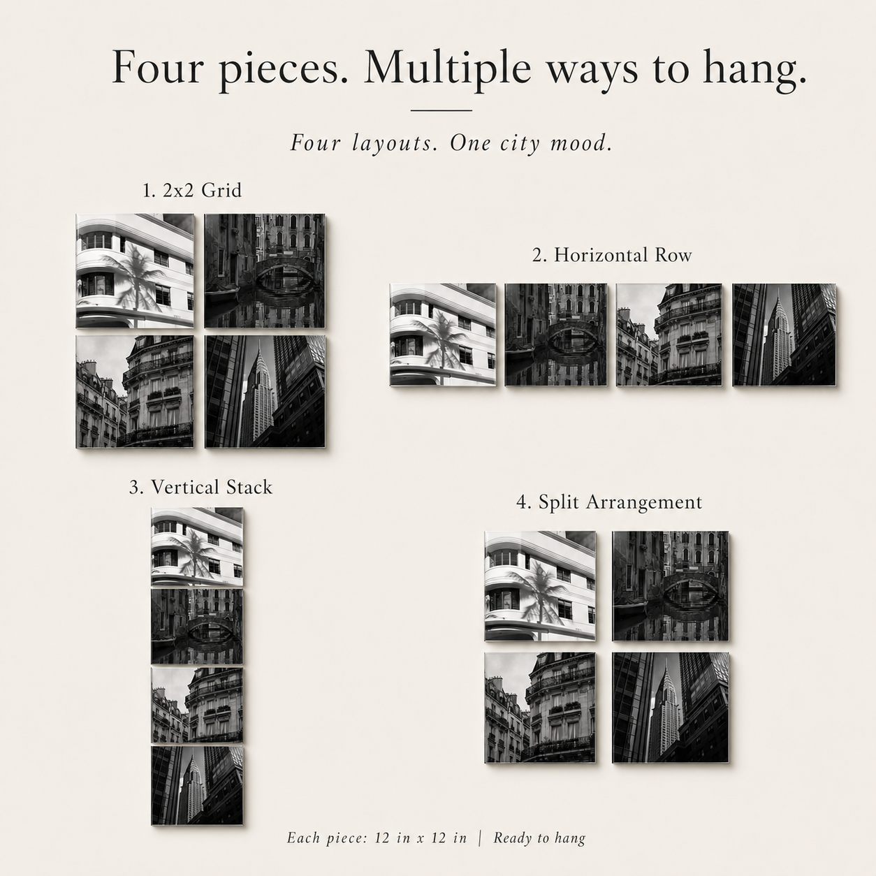URBAN NOIR | 4-Piece Black & White City Acrylic Wall Art Set
